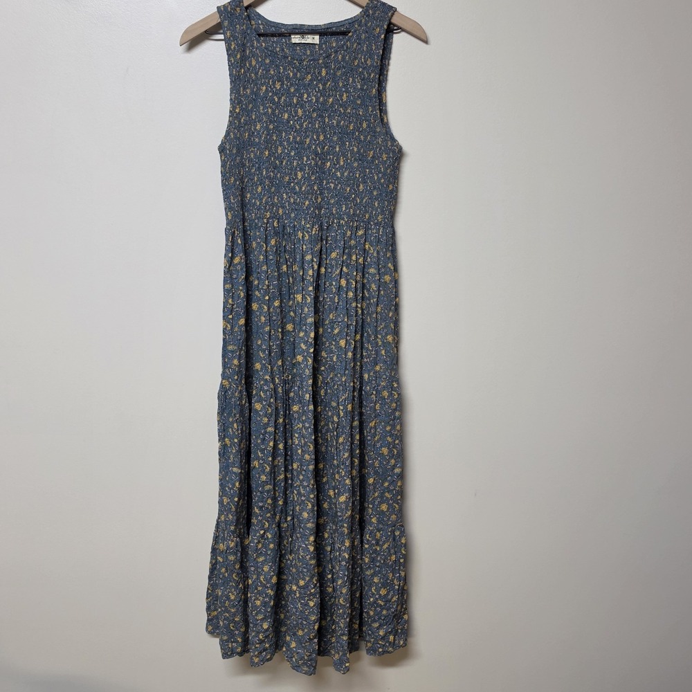 Natural Life Emmie Maxi Dress M Blue Floral Smocked Tiered Boho Cottagecore